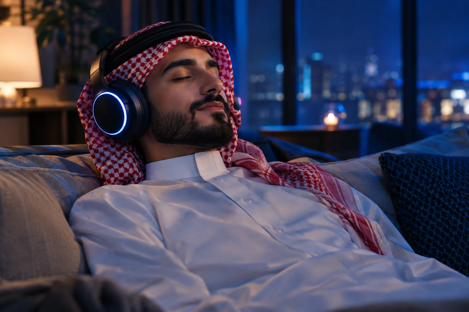 Homem do Oriente Médio relaxa com fones de ouvido em um quarto aconchegante à noite