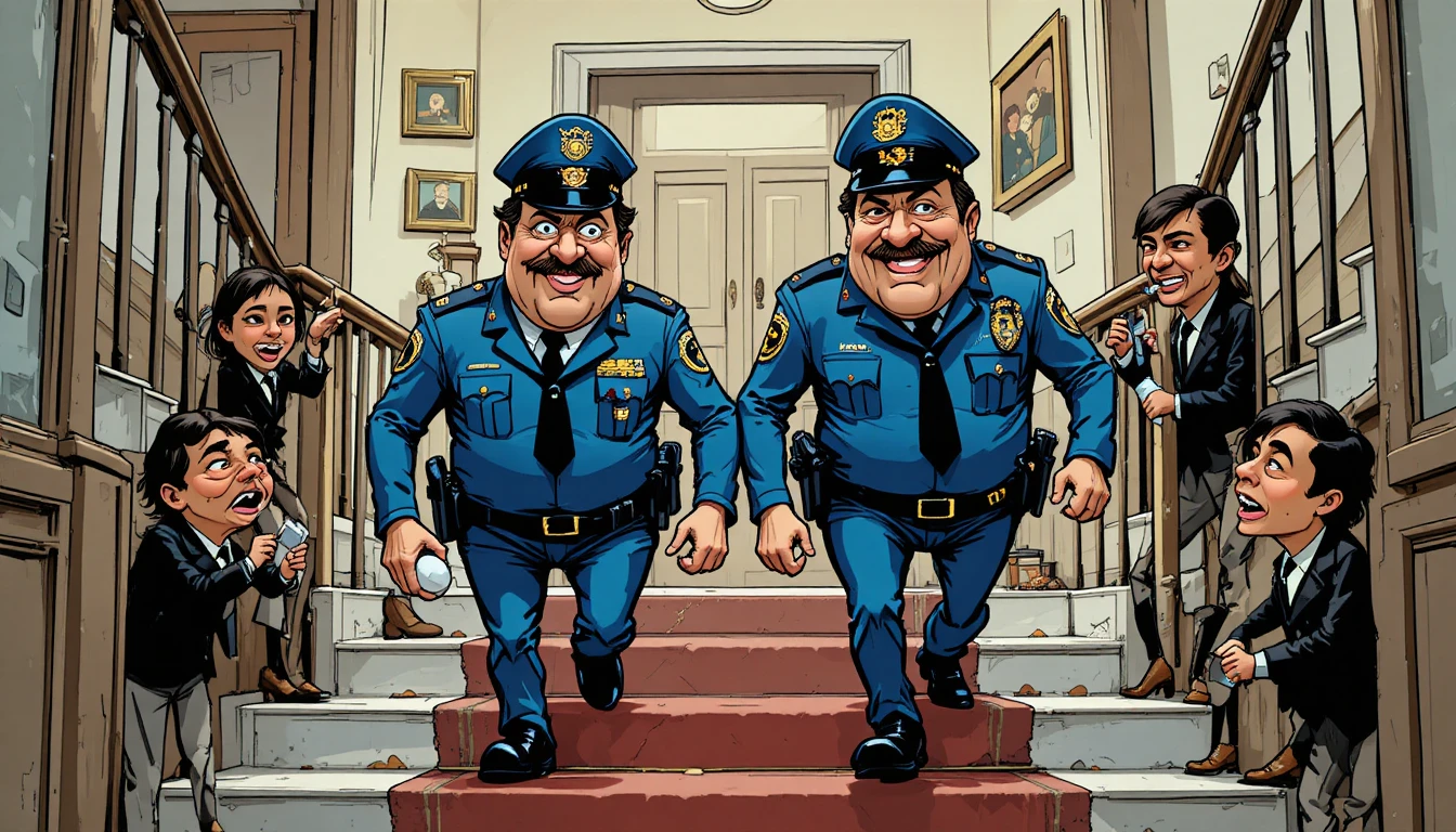 Zwei anthropomorphe Polizisten steigen in einer klassischen Comicszene eine Treppe hinauf