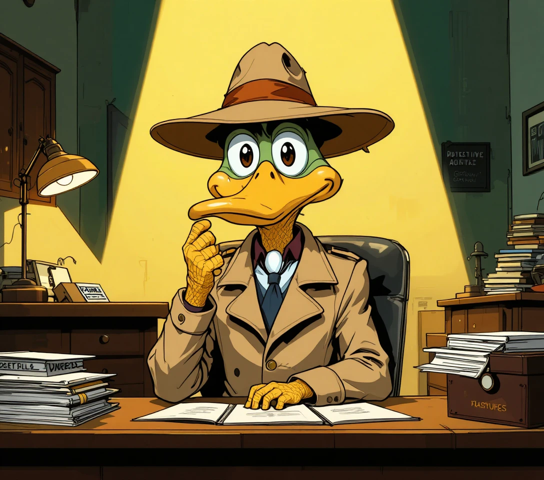 Um detetive pato de desenho animado reflete à sua mesa sob uma luminária