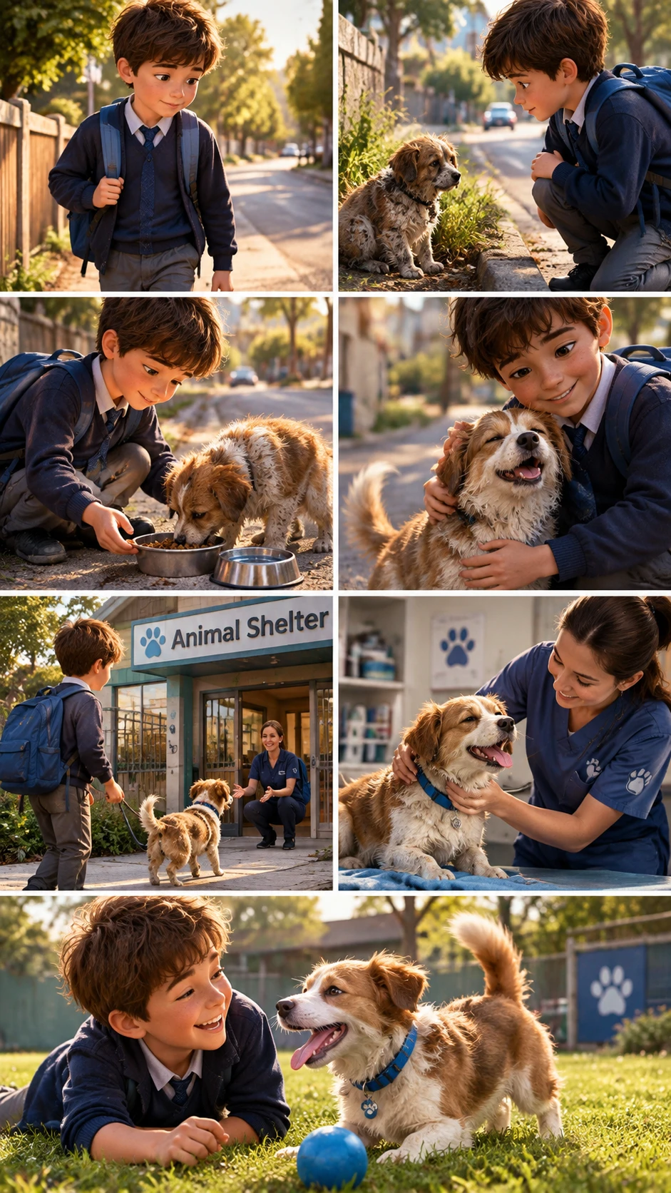 Um rapaz avista um cão vadio com fome a caminho de casa