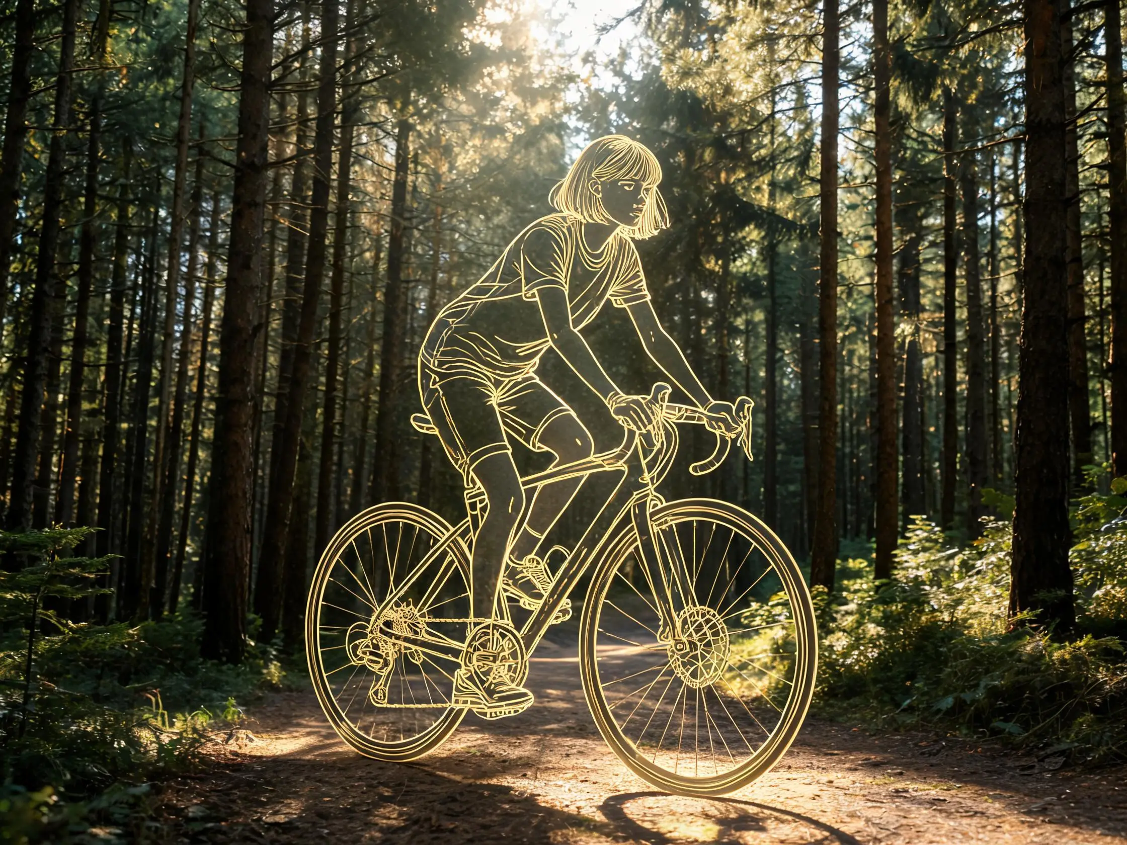 Una ragazza pedala lungo un sentiero nel bosco sotto alberi sempreverdi illuminati dal sole