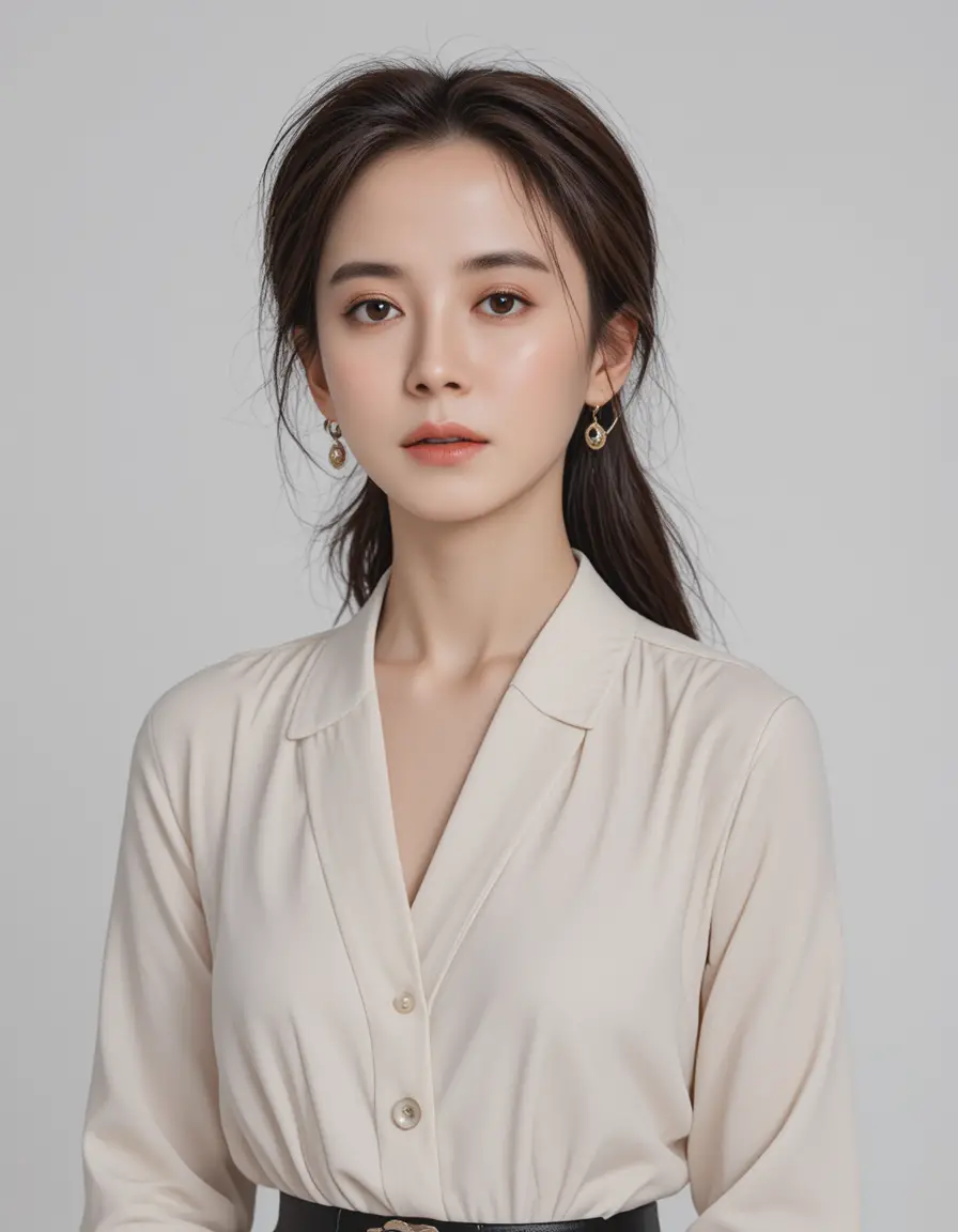 Retrato elegante de Song Ji Hyo contra um fundo branco de estúdio