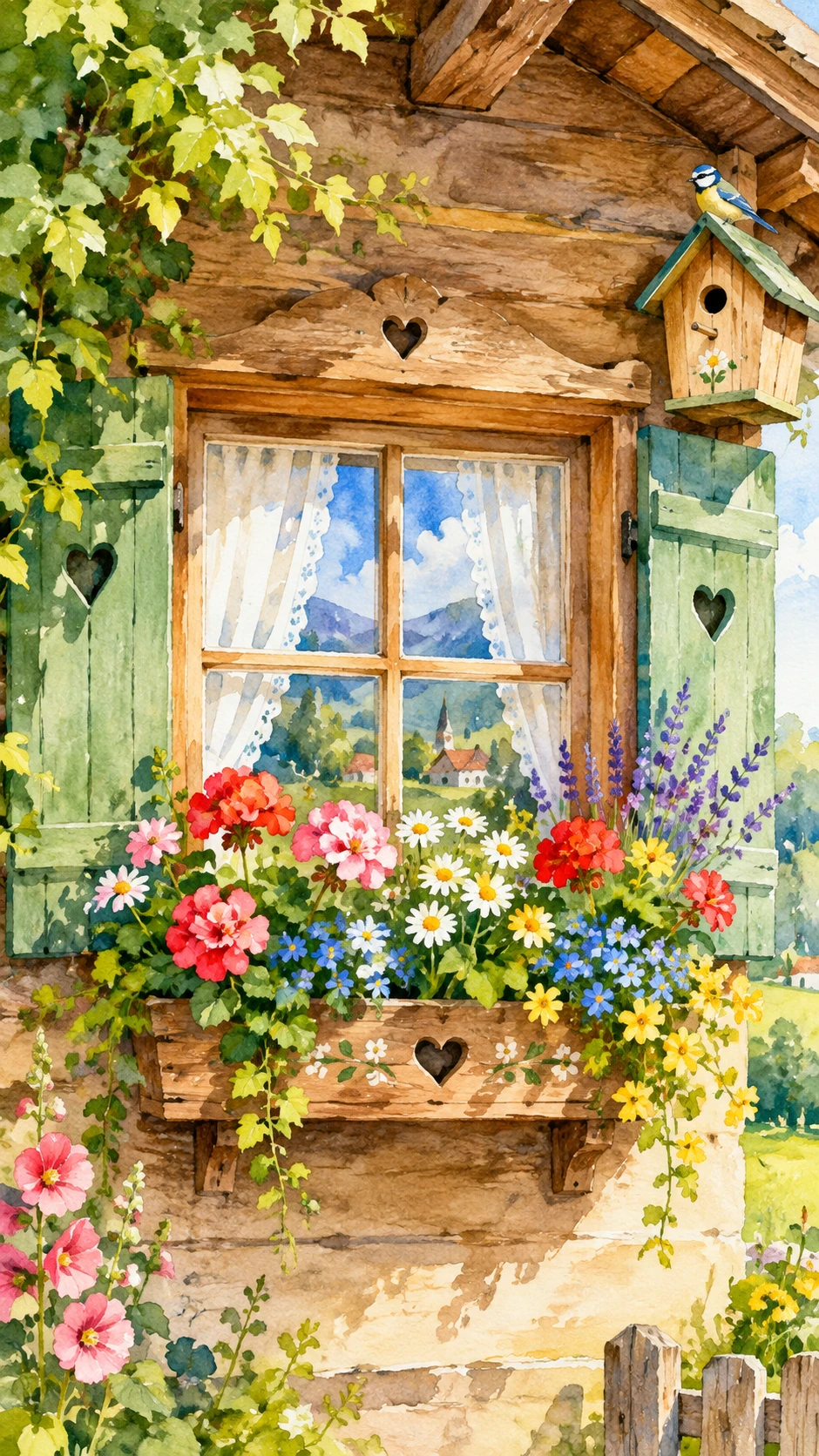 A flower-filled farmhouse window with wooden planters and a small birdhouse