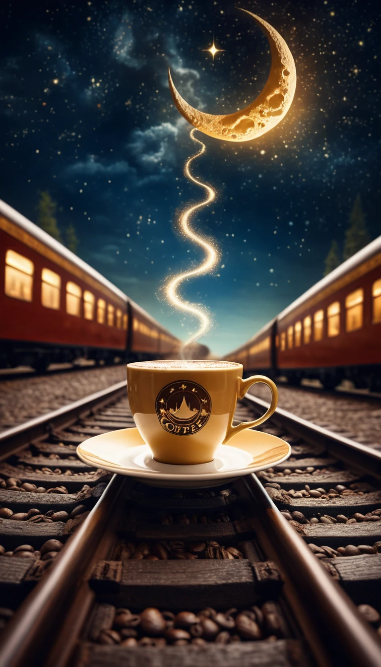 Une tasse de café sous un ciel étoilé laisse s'échapper une vapeur qui devient un train d'époque