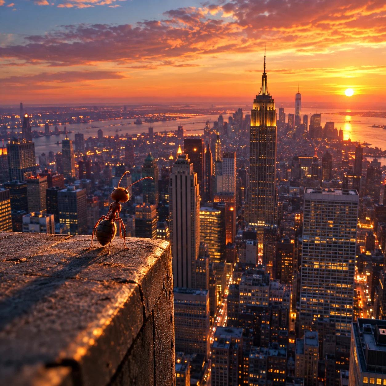 Una minuscola formica ammira Manhattan dal tetto di un grattacielo al tramonto