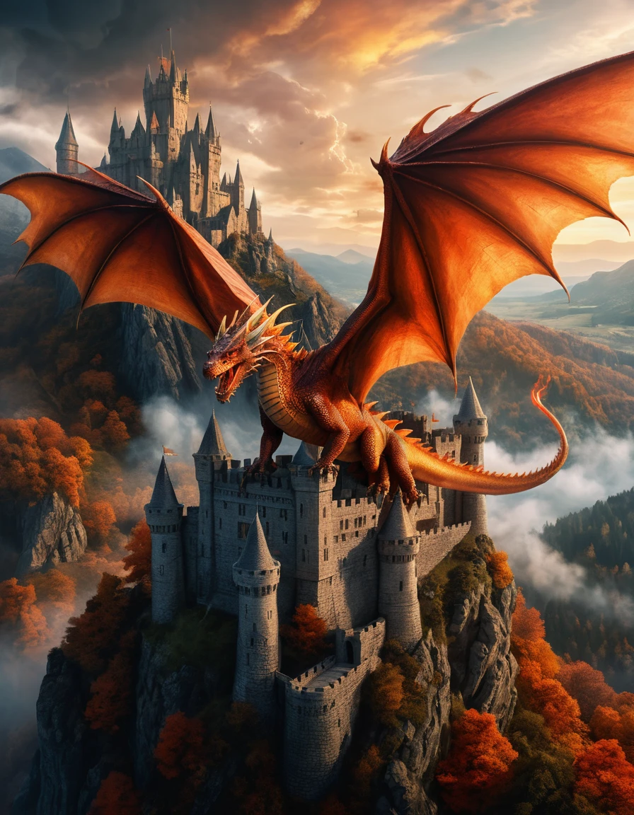 Um dragão sobrevoa um castelo medieval sob nuvens cada vez mais escuras