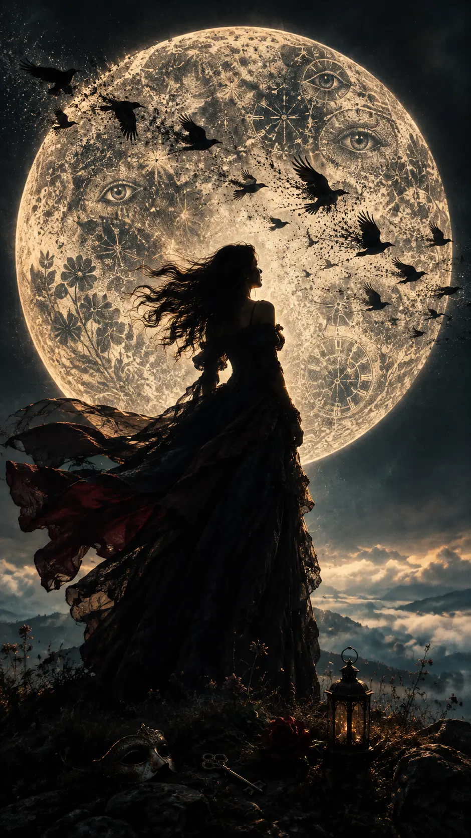 Eine Frau als Silhouette vor einem riesigen Vollmond auf einem windumtosten Hügel