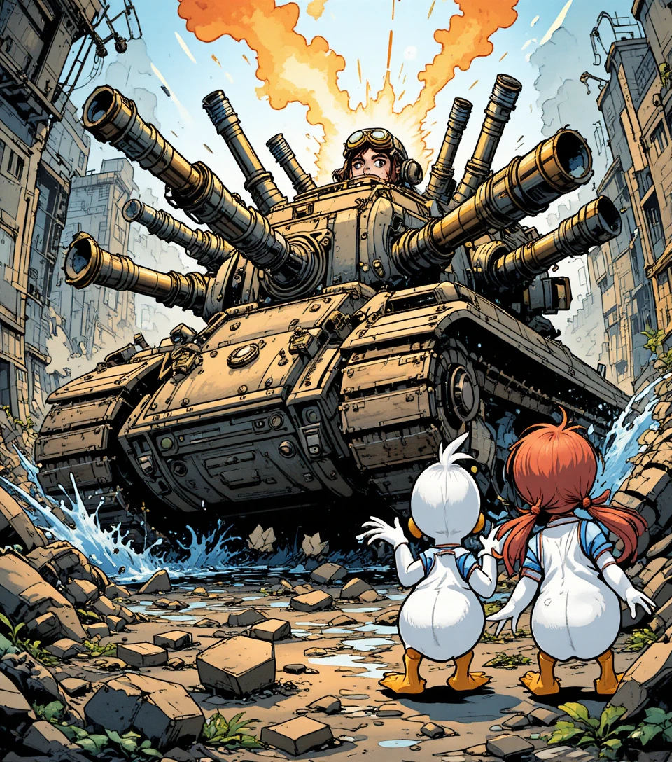 Um tanque steampunk dispara seus canhões em um quadro caótico de história em quadrinhos