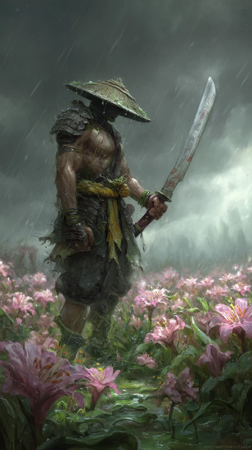 Um ronin de chapéu de palha empunha uma odachi entre lírios encharcados pela chuva