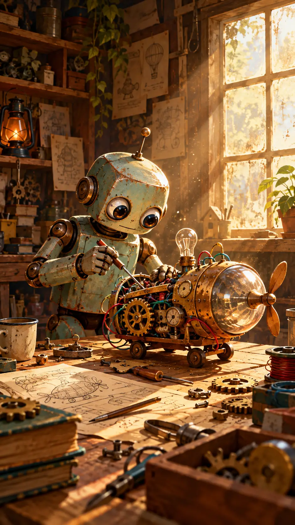 Um robô excêntrico monta um engenho numa oficina desarrumada