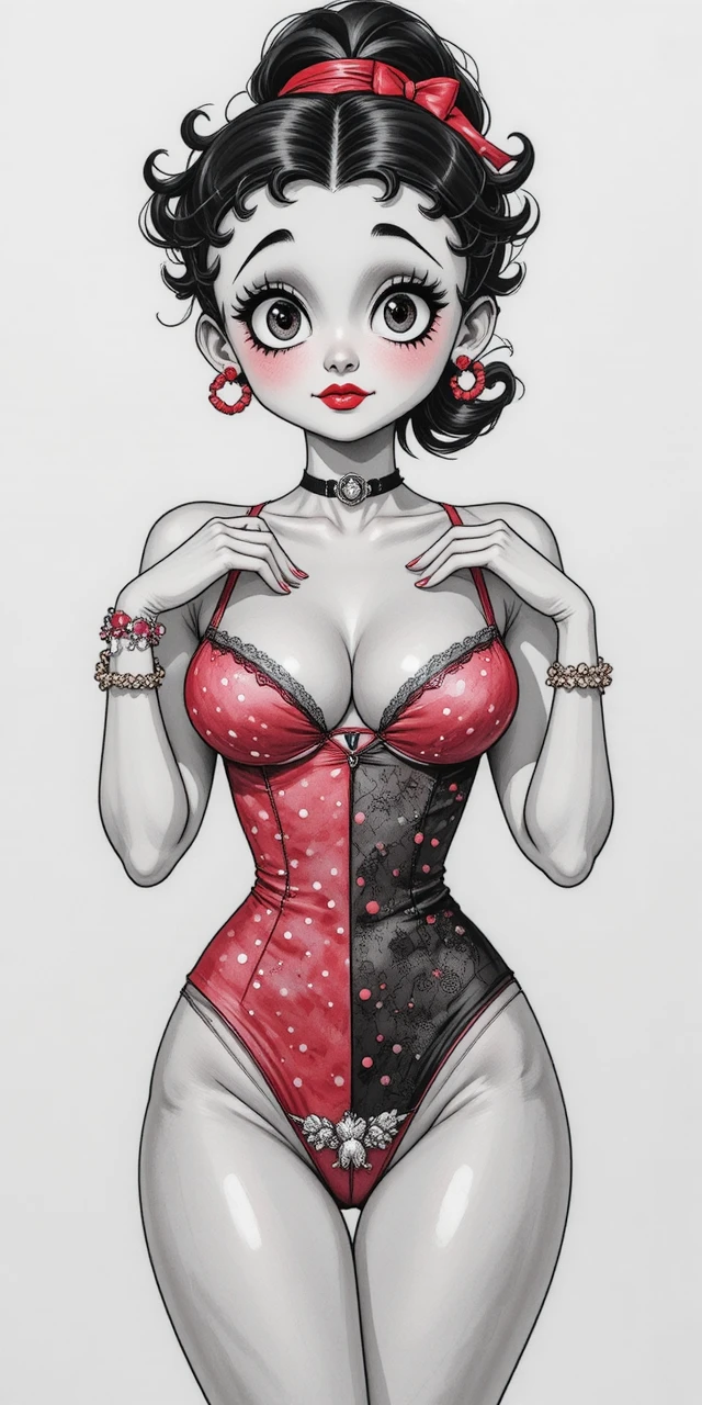 Betty Boop in zwei kontrastierenden Cartoon-Kleidern nebeneinander