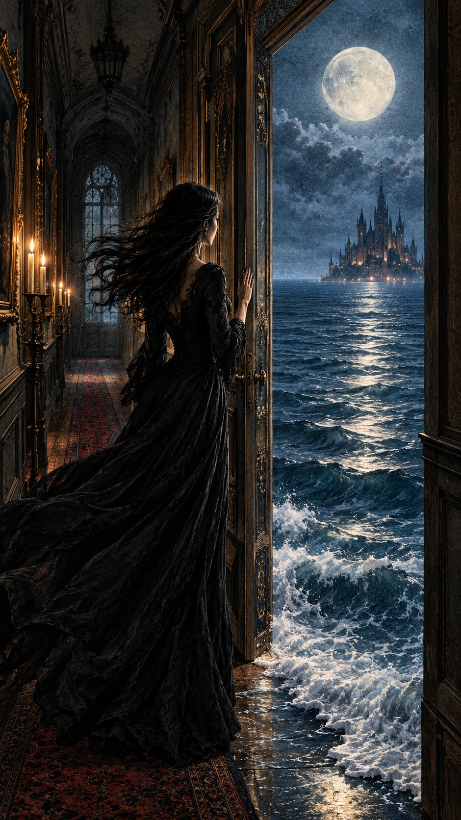 Uma mulher contempla o oceano ao luar através de uma porta num corredor vitoriano