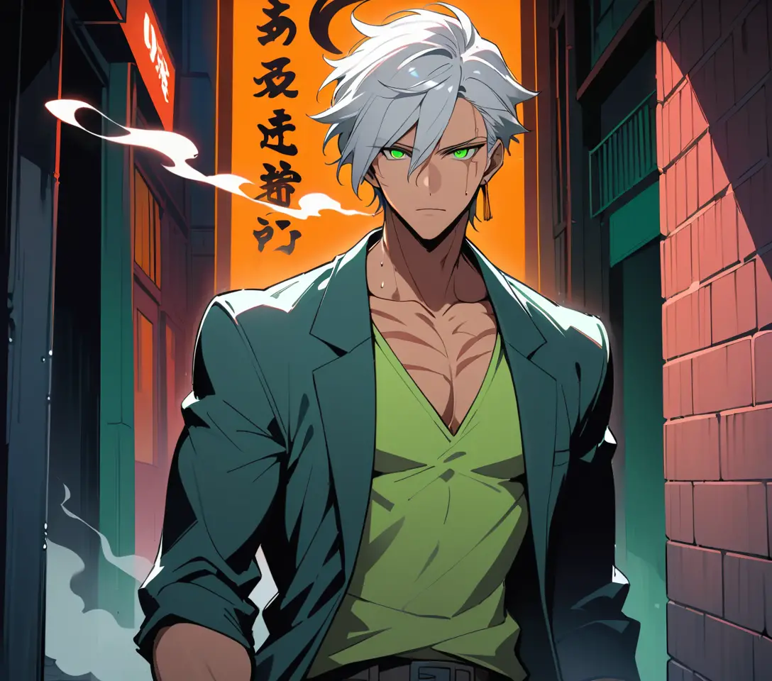 Silberhaariger Anime-Mann raucht an einer Backsteinwand in einer Neon-Gasse