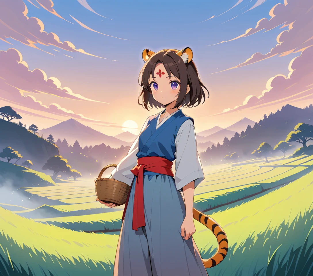 Chica anime con orejas de tigre en un arrozal en terrazas cubierto de niebla