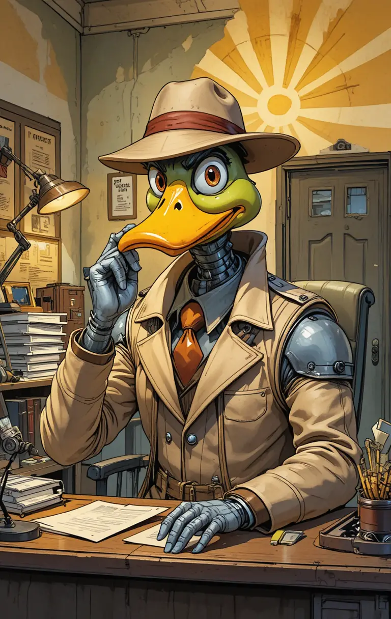 Eine Cartoon-Ente in Chromrüstung vor einer chaotischen Sci-Fi-Kulisse