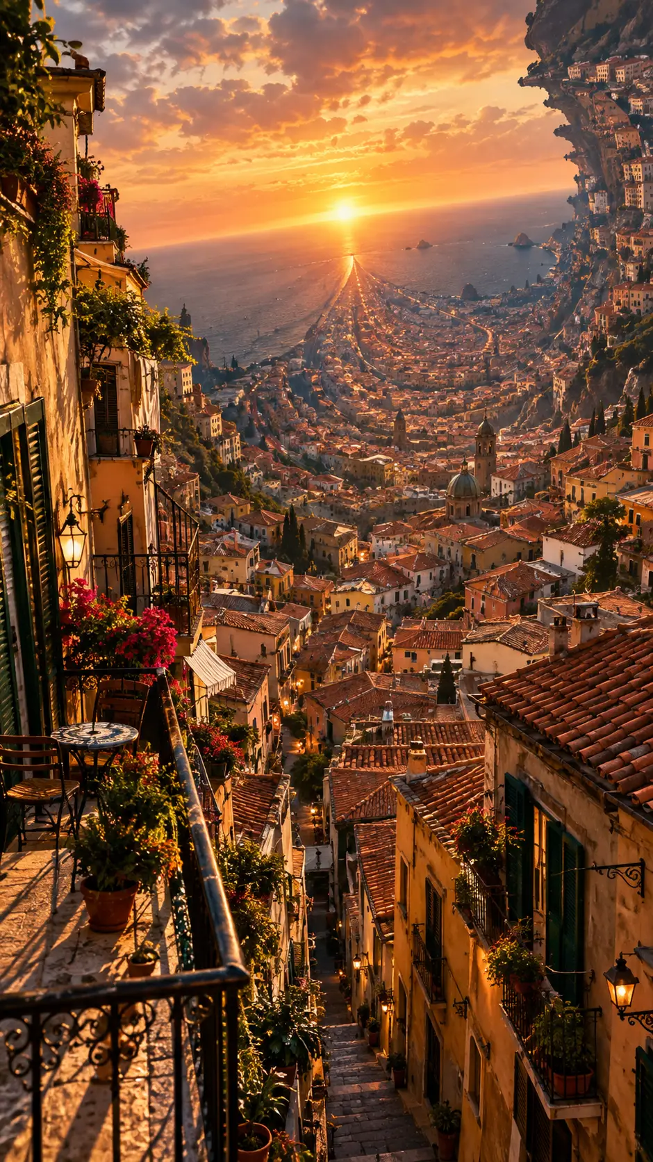 A Mediterranean city bends toward a glowing vanishing point above the sea