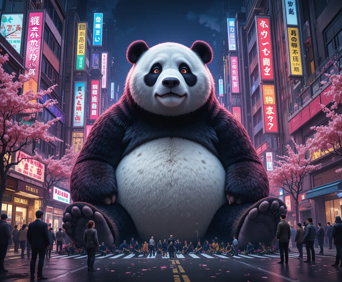 Um panda-gigante repousa tranquilamente em uma rua de Tóquio iluminada por néons