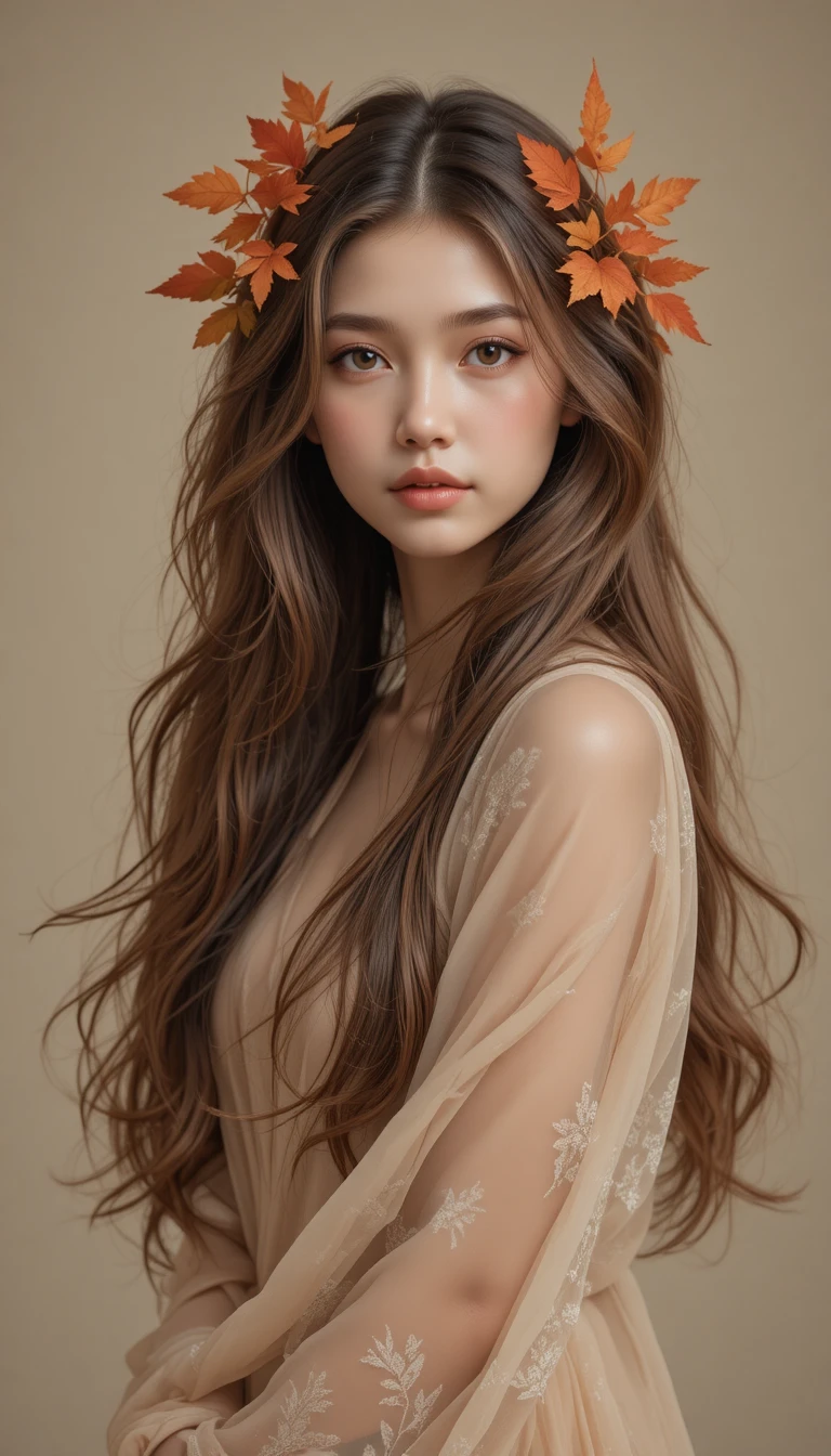 부드러운 뉴트럴 배경 앞, 가을 잎으로 장식한 젊은 여성