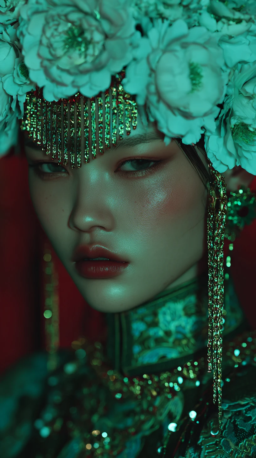 Uma princesa asiática cyberpunk com uma coroa de flores em cascata