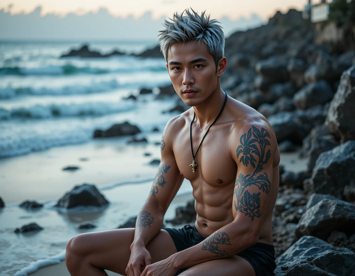 Um homem japonês sem camisa posa à beira-mar numa praia rochosa