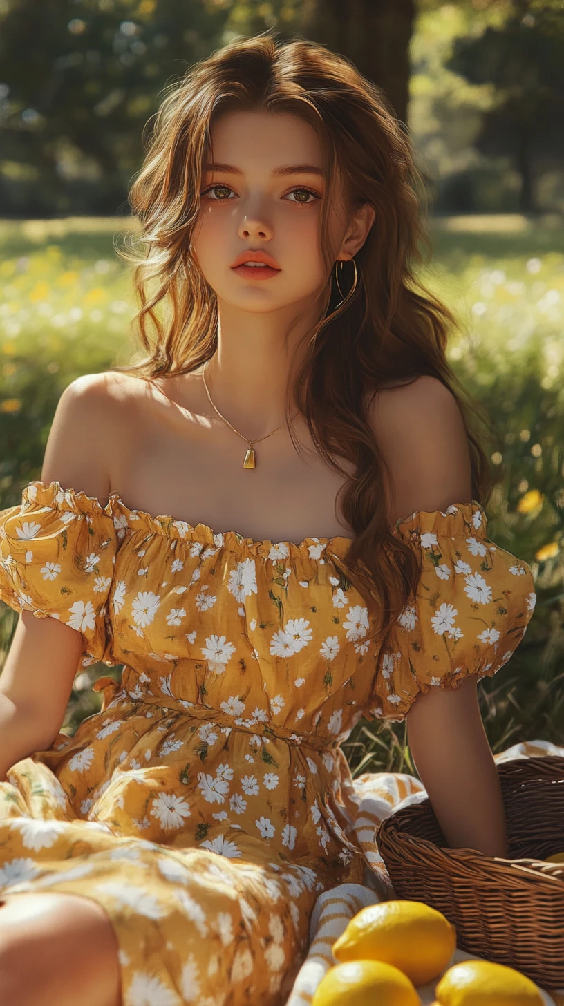 Uma jovem sentada em um vestido de verão com margaridas num prado ensolarado