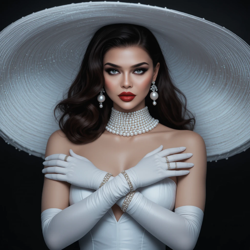 Uma mulher glamorosa com chapéu de aba larga e joias de pérolas