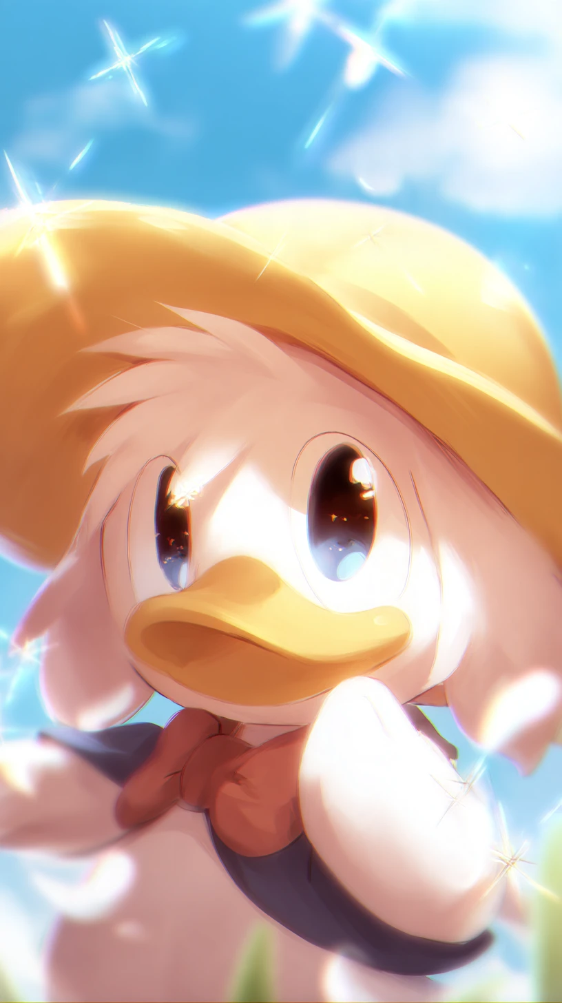 Um pato bondoso usando um chapéu amarelo e com um olhar hipnótico