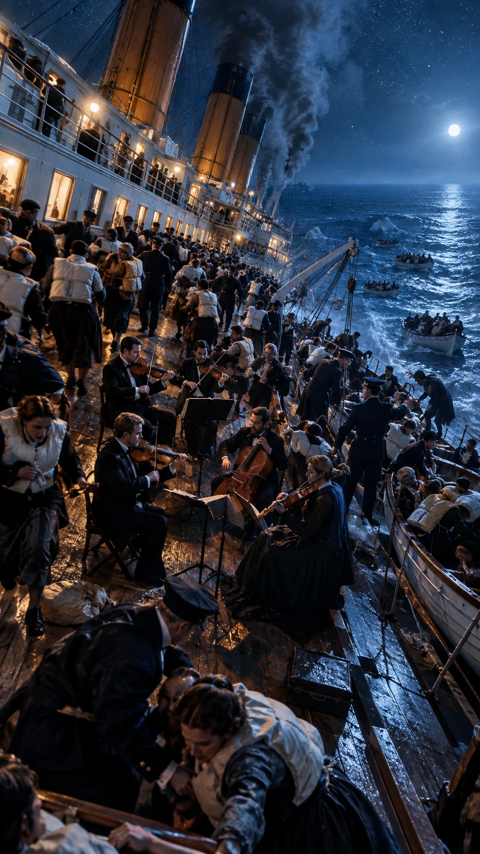 O convés inclinado do Titanic em seus últimos momentos no mar
