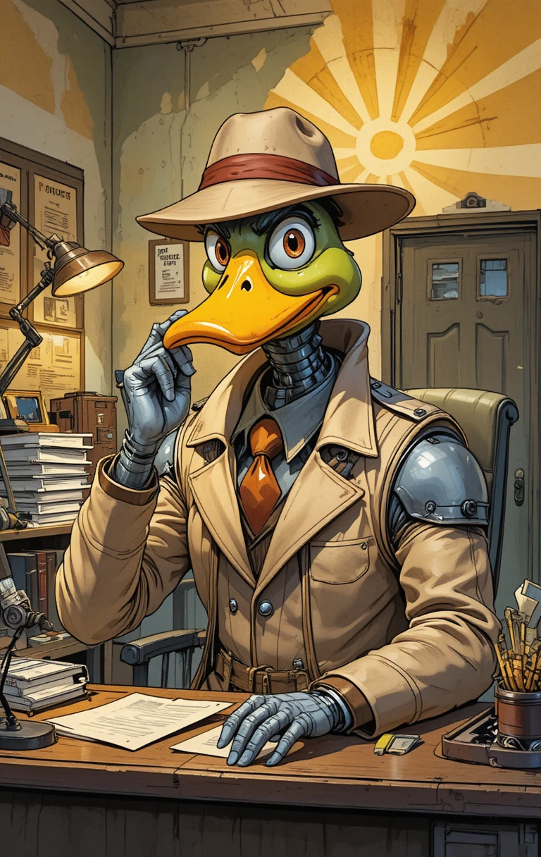 Um pato de desenho animado com armadura cromada diante de um cenário caótico de ficção científica