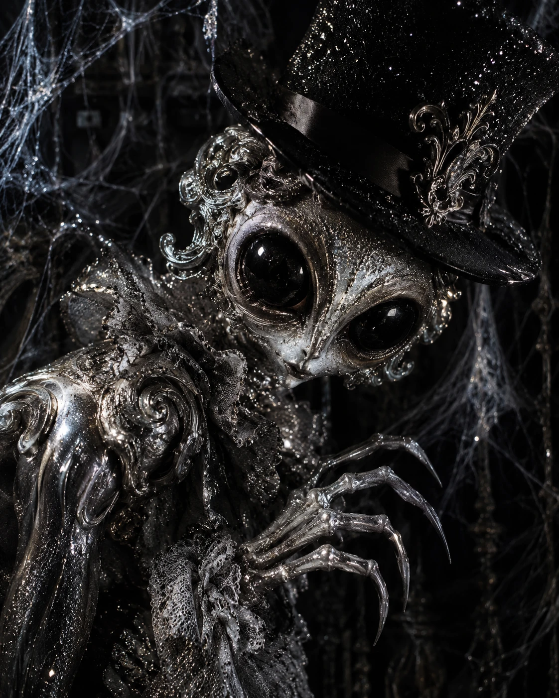 A rococo horror creature with large black eyes and a black top hat