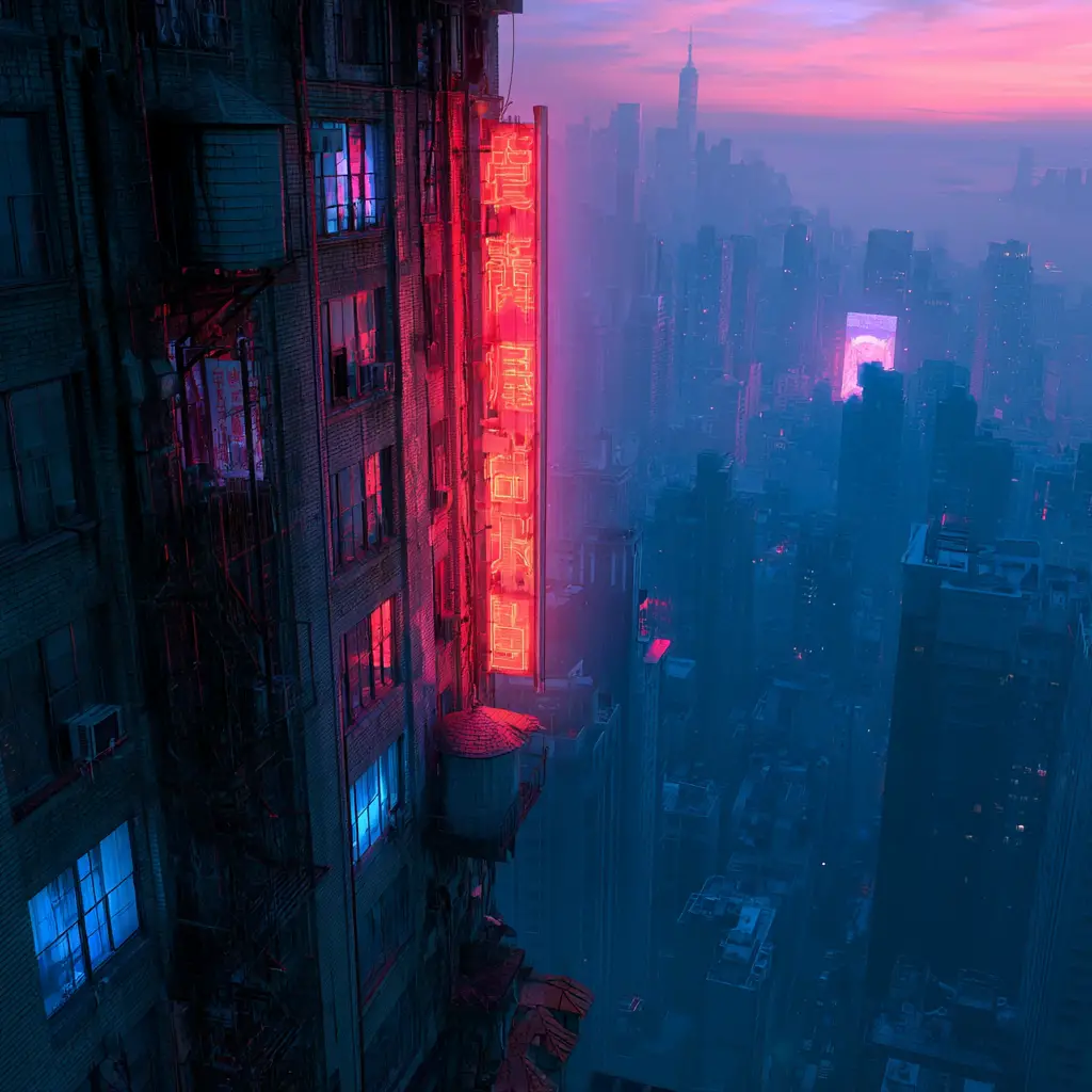 Eine Ameise blickt bei Sonnenuntergang von einem Wolkenkratzer in New York hinab