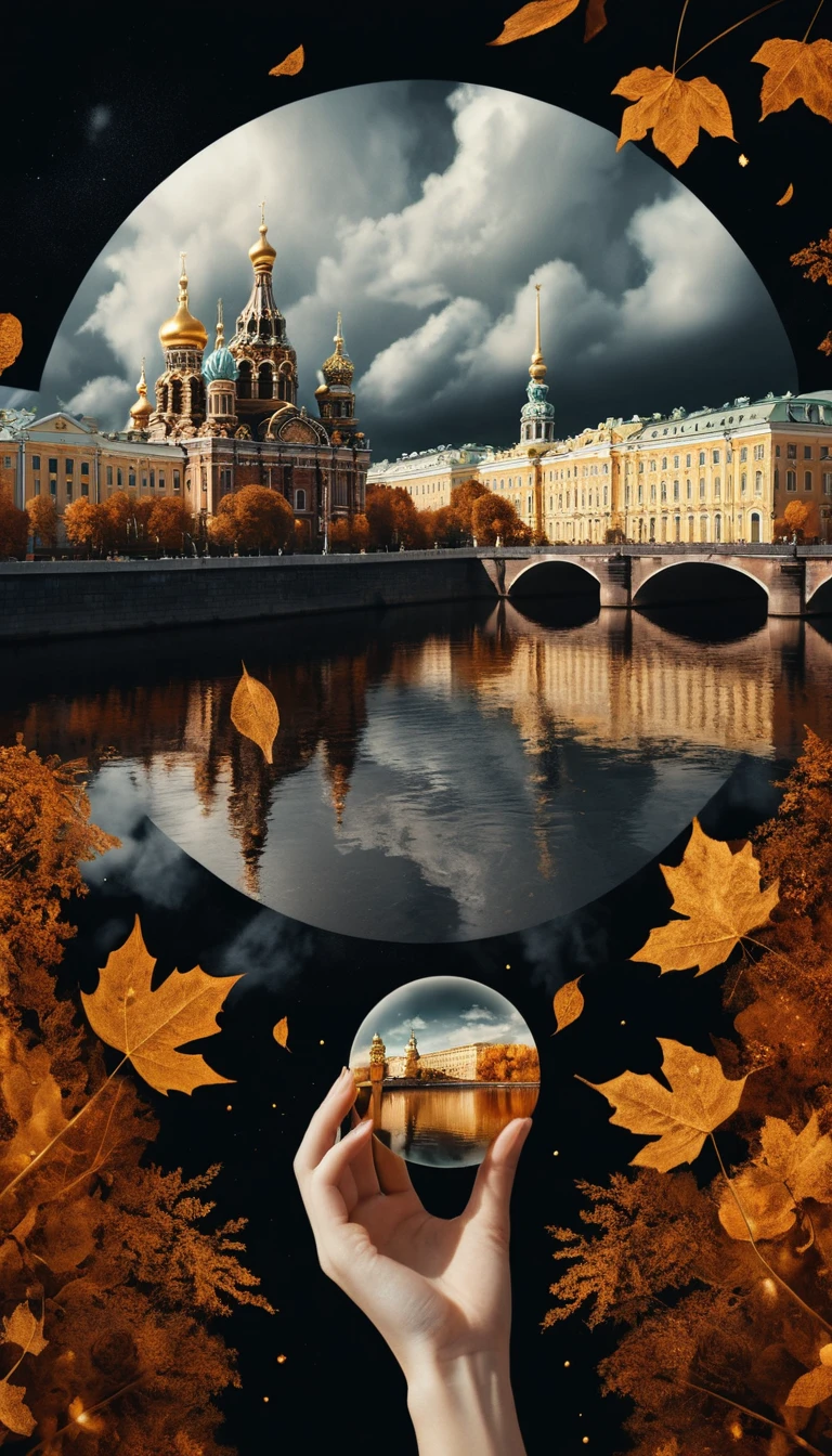 Eine Frauenhand hält eine leuchtende Stadtkulisse von Sankt Petersburg