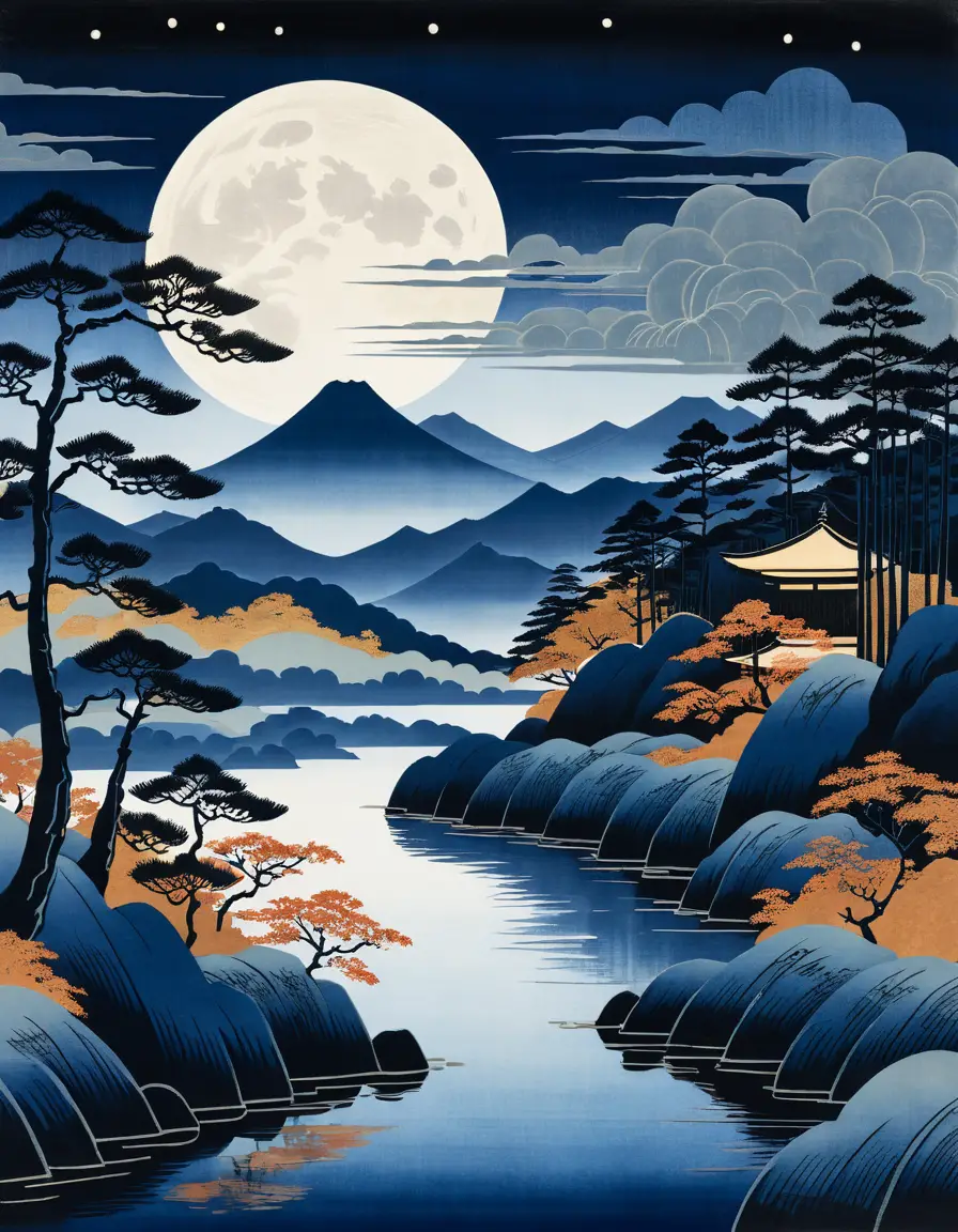 流動秋雲下的月夜浮世繪山景