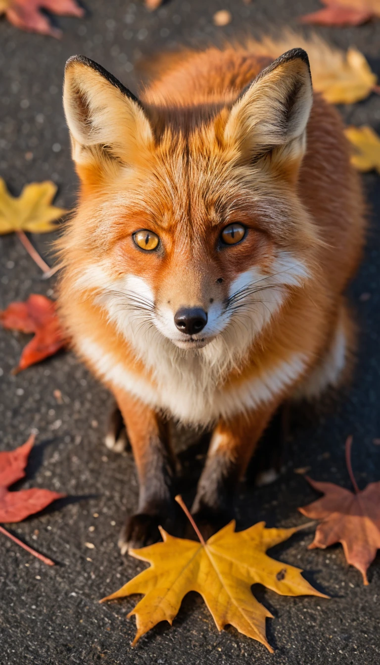紅葉のハートの中でくつろぐアカギツネ
