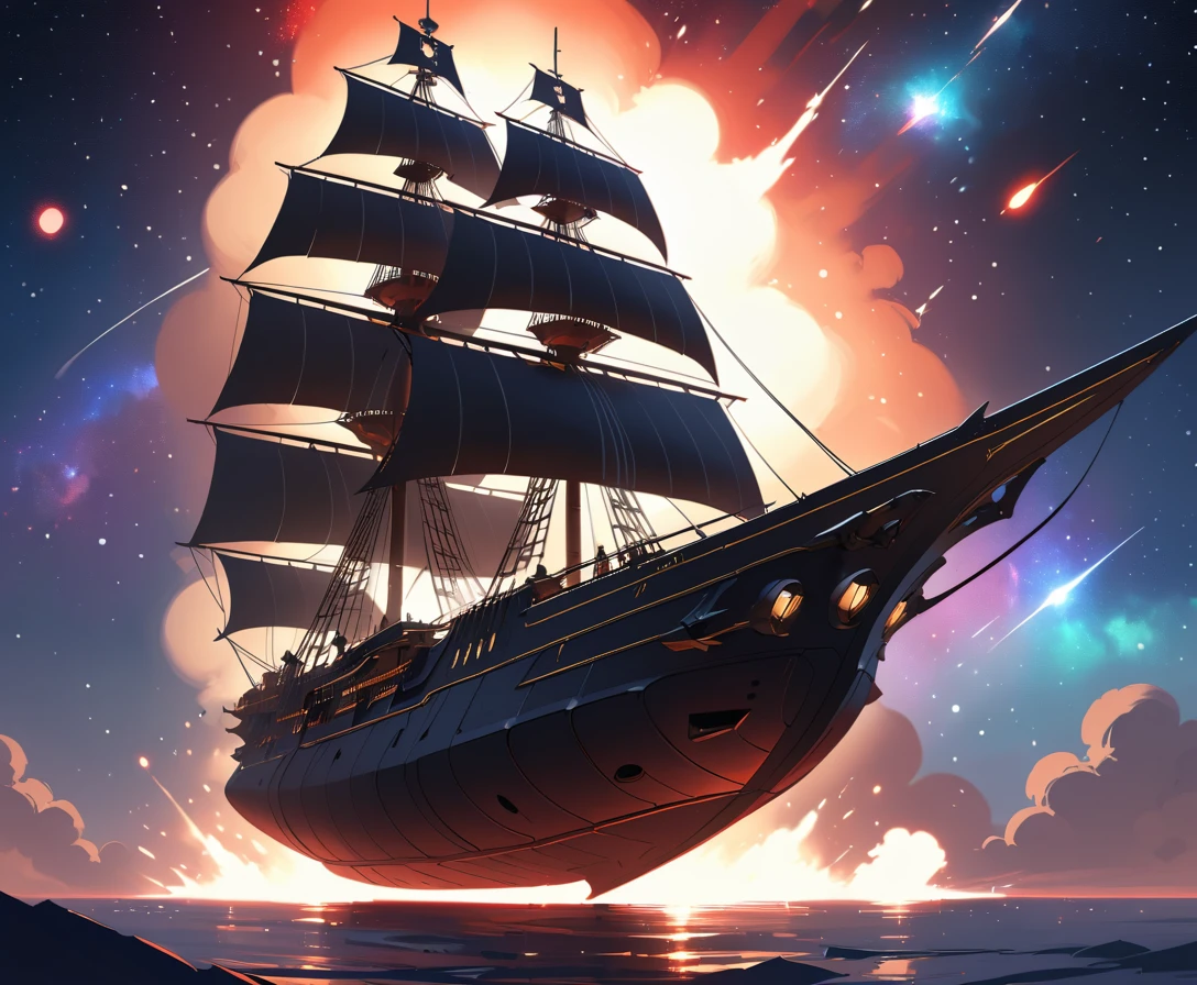 Die Silhouette eines galeonenförmigen Raumschiffs vor Sternen und einem explodierenden Nebel
