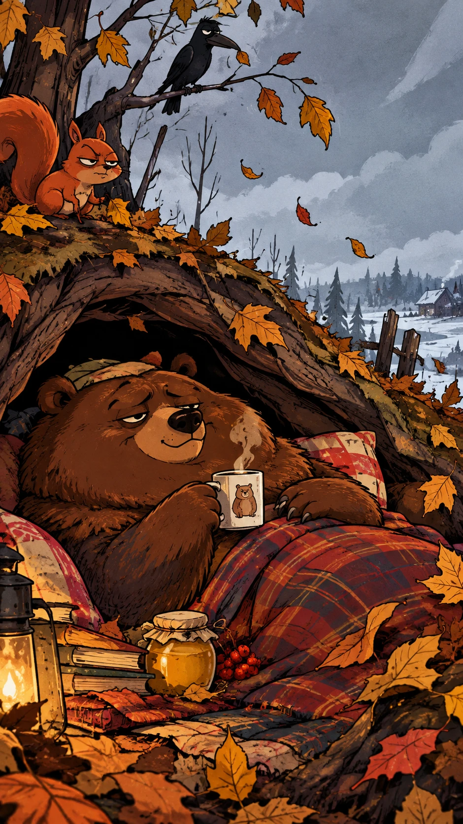 Um urso tranquilo se prepara para o inverno enquanto as folhas de outono caem suavemente