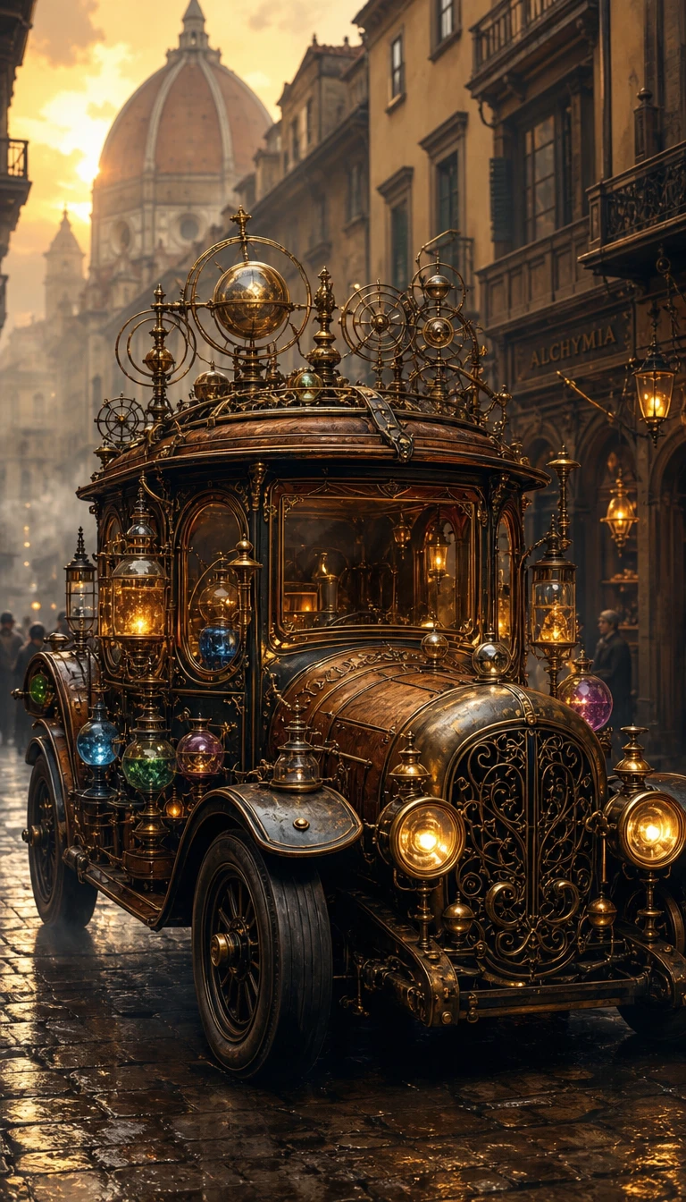 Um automóvel ornamentado de alquimista desliza por ruas estreitas renascentistas sob um nevoeiro dourado