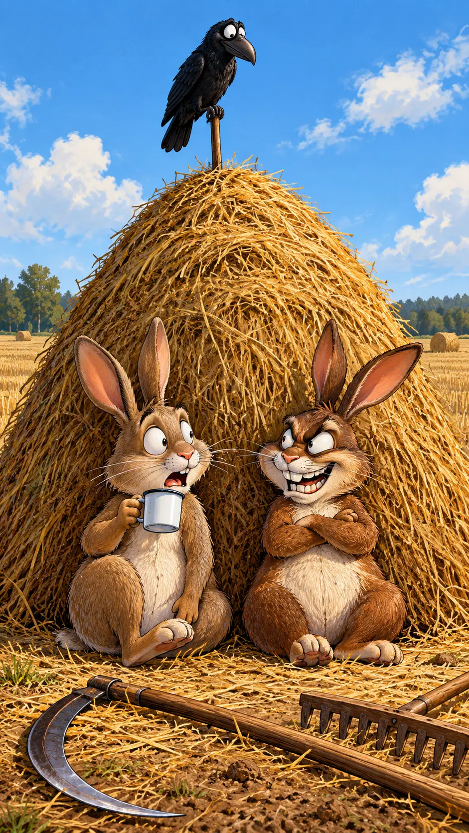 兩隻兔子坐在收割後的田地裡，依偎著一堆乾草