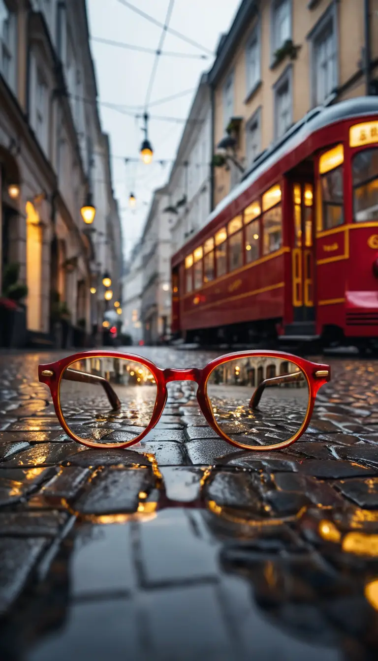 Eine goldgerahmte Brille spiegelt eine rote Straßenbahn auf regennassem Kopfsteinpflaster