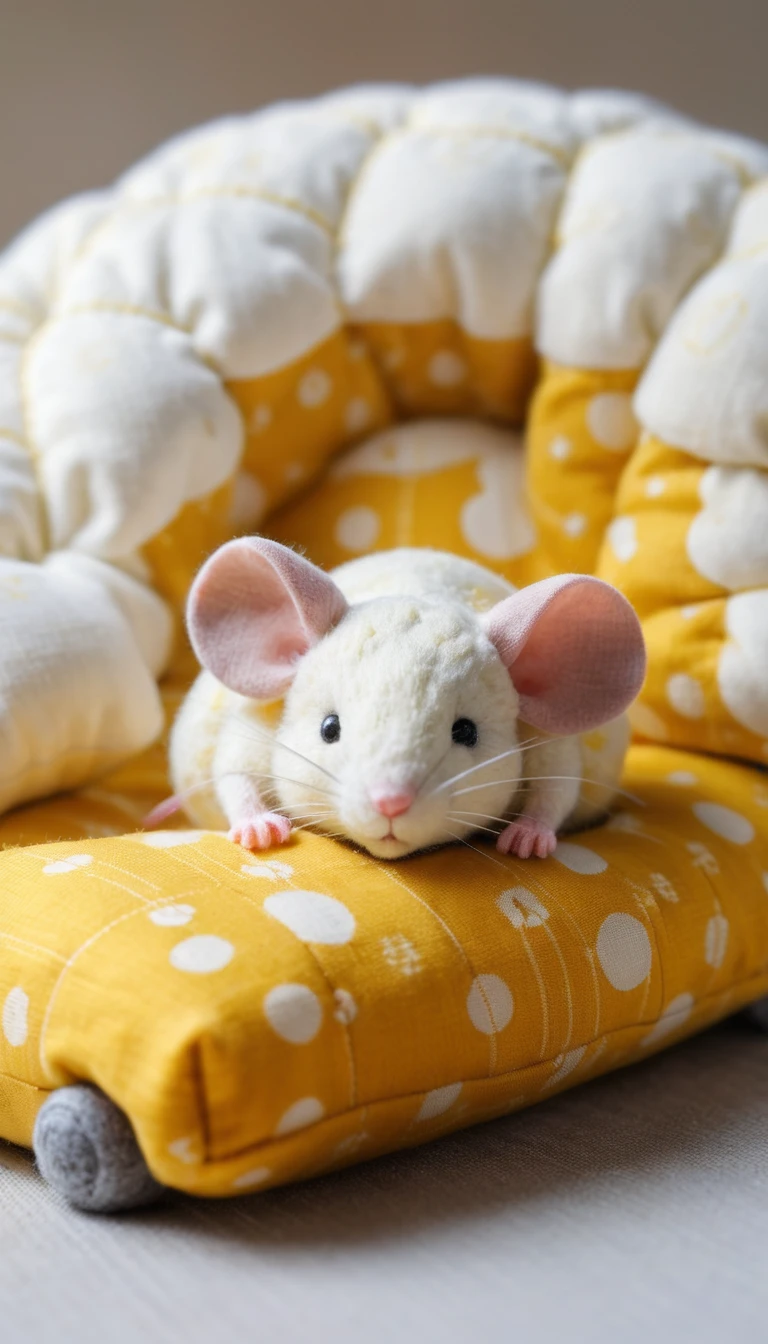Eine winzige Maus schläft unter einer Decke auf einem Patchworkkissen