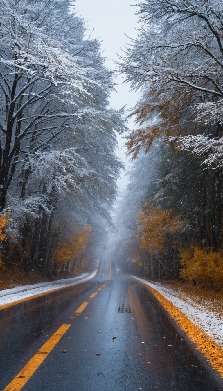 La primera nieve cubre un camino y las hojas de otoño bajo las nubes nocturnas