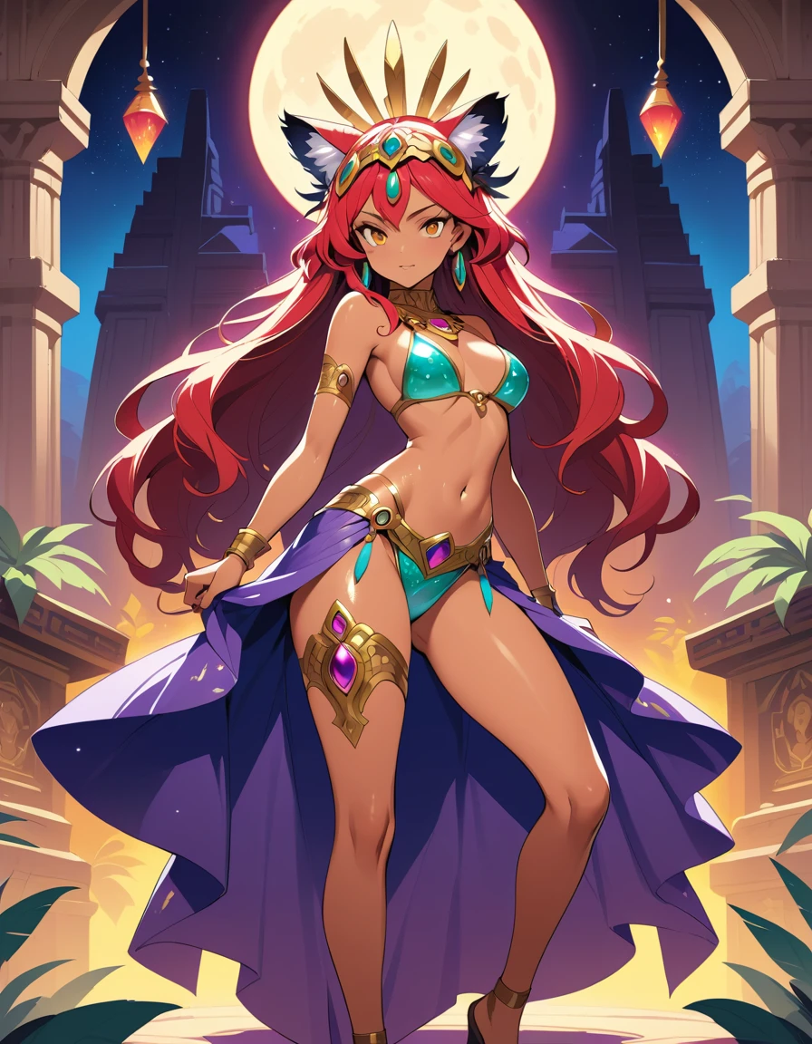 Uma princesa de fantasia ruiva adornada com joias celestiais em um templo antigo