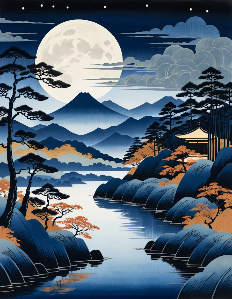Ukiyo-e moonlit mountain landscape beneath drifting autumn clouds