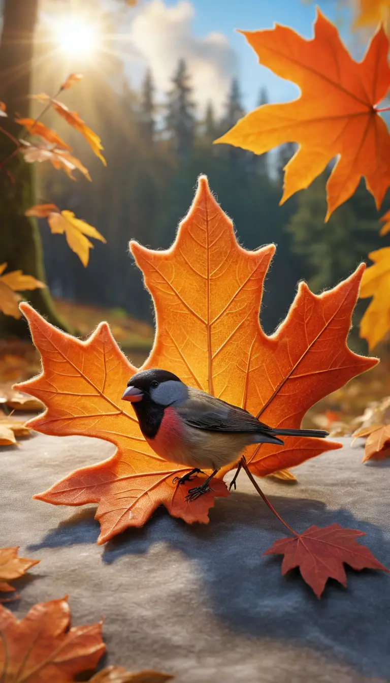 Ein herbstlicher Mikrokosmos entfaltet sich auf einem Ahornblatt auf einer strukturierten Oberfläche