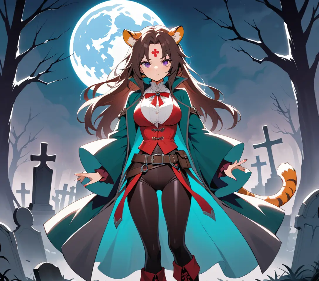 Femme-tigre d’anime en chasseuse de vampires dans un cimetière gothique