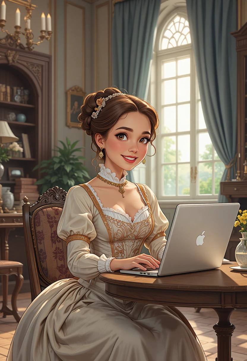 Uma mulher com um vestido do século XVIII trabalha num laptop em uma sala de estar