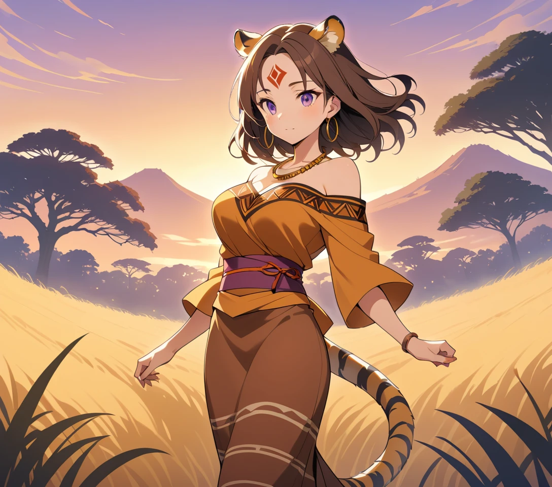 Uma mulher-tigre de anime sob o pôr do sol luminoso da savana