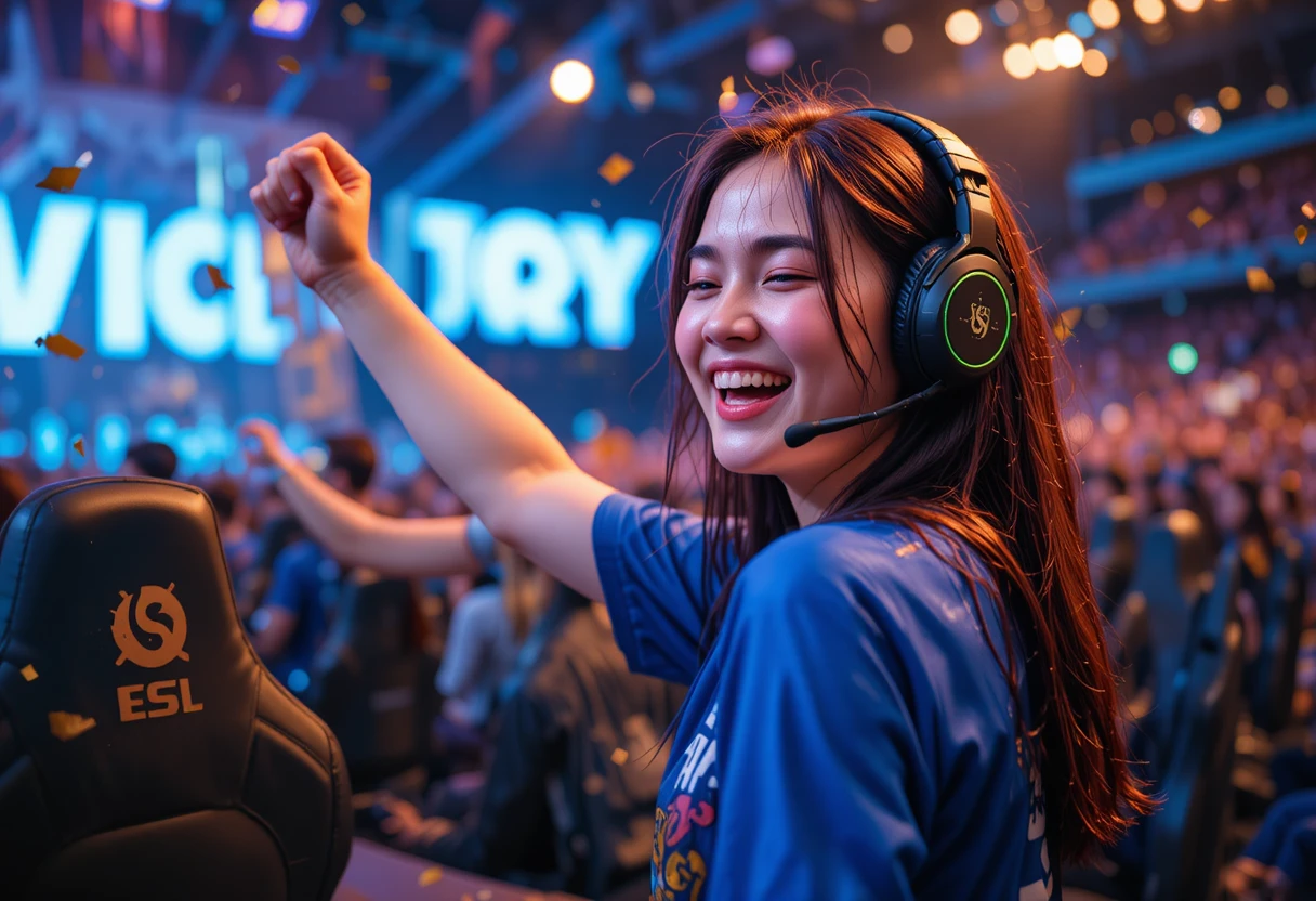 Jovem competidora de eSports celebra a vitória entre lágrimas e punhos erguidos