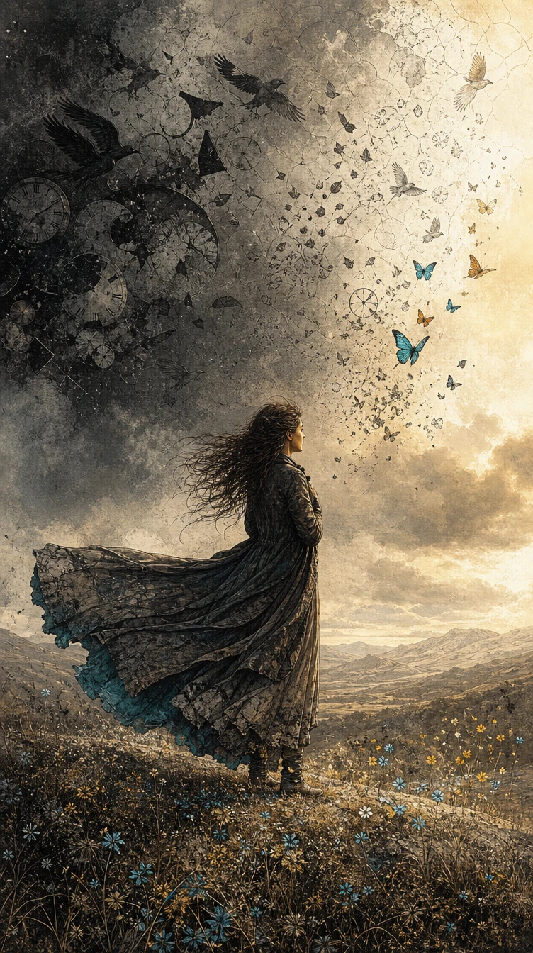 Uma mulher sozinha numa paisagem, logo após a passagem de uma tempestade