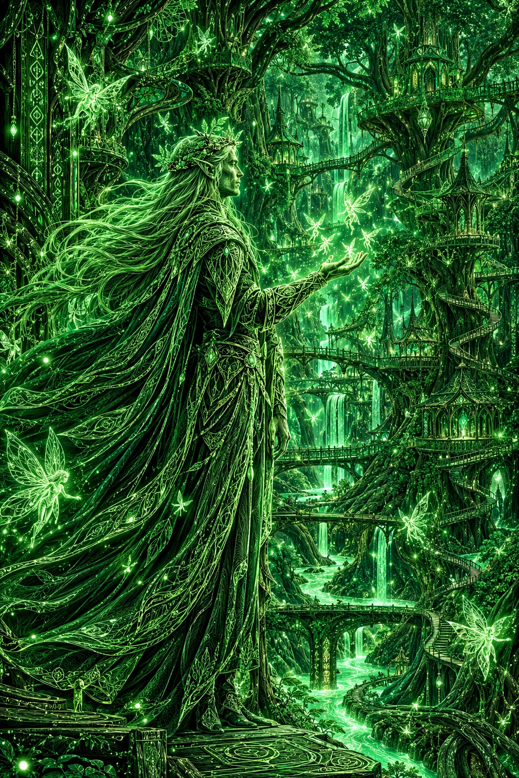 Un re degli elfi porge la mano alle fate luminose in un regno nella foresta